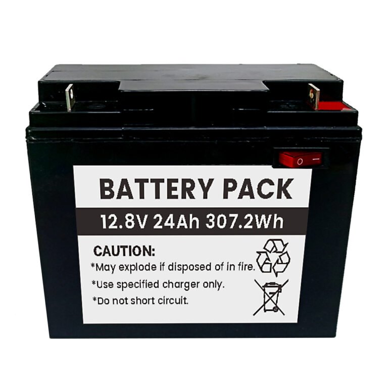 12.8V 24Ah LiFePO4 Battery Pack 4S1P 307Wh - Front View with Label BMS Protection and Power Switch