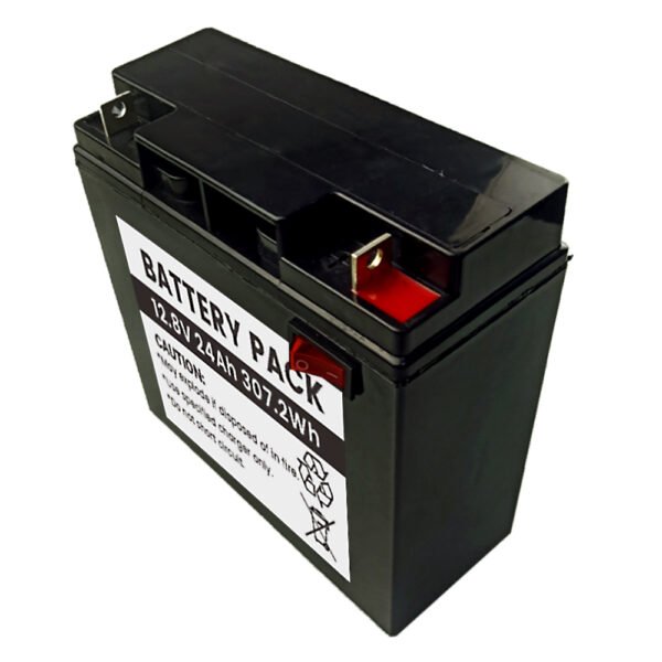 12-8v-24ah-lifepo4-battery-pack-4s1p (4) 12.8V 24Ah LiFePO4 307Wh Battery - Front Angle View Showing Red Power Switch and Battery Label Detail
