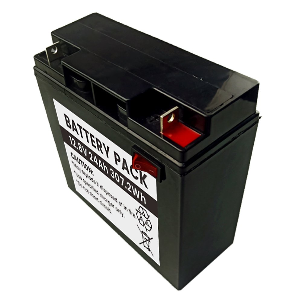 12.8V 24Ah LiFePO4 307Wh Battery - Front Angle View Showing Red Power Switch and Battery Label Detail