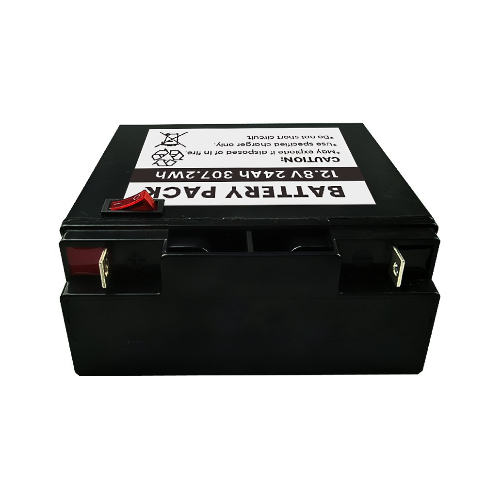12.8V 24Ah LiFePO4 Battery Pack Top View - Dual F2 Terminals and Red On/Off Switch Detail