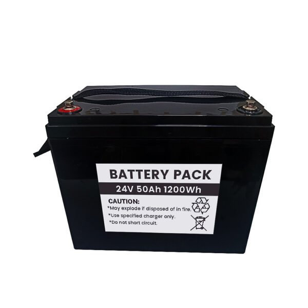 24v-50ah-lifepo4-battery-pack-8s1p (2) 24V 50Ah LiFePO4 Battery Pack 8S1P 1280Wh - Front Label View with M8 Bolt Terminals and Safety Warnings
