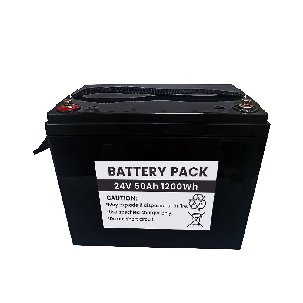 24V 50Ah LiFePO4 Battery Pack 8S1P 1280Wh - Front Label View with M8 Bolt Terminals and Safety Warnings
