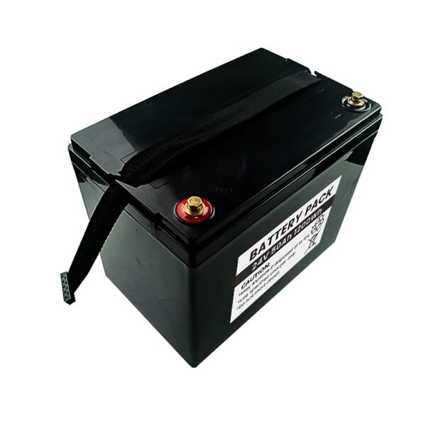 24v-50ah-lifepo4-battery-pack-8s1p (3) 24V 50Ah 1280Wh LiFePO4 Battery Pack - Side View with BMS Communication Cable and Balance Lead Port