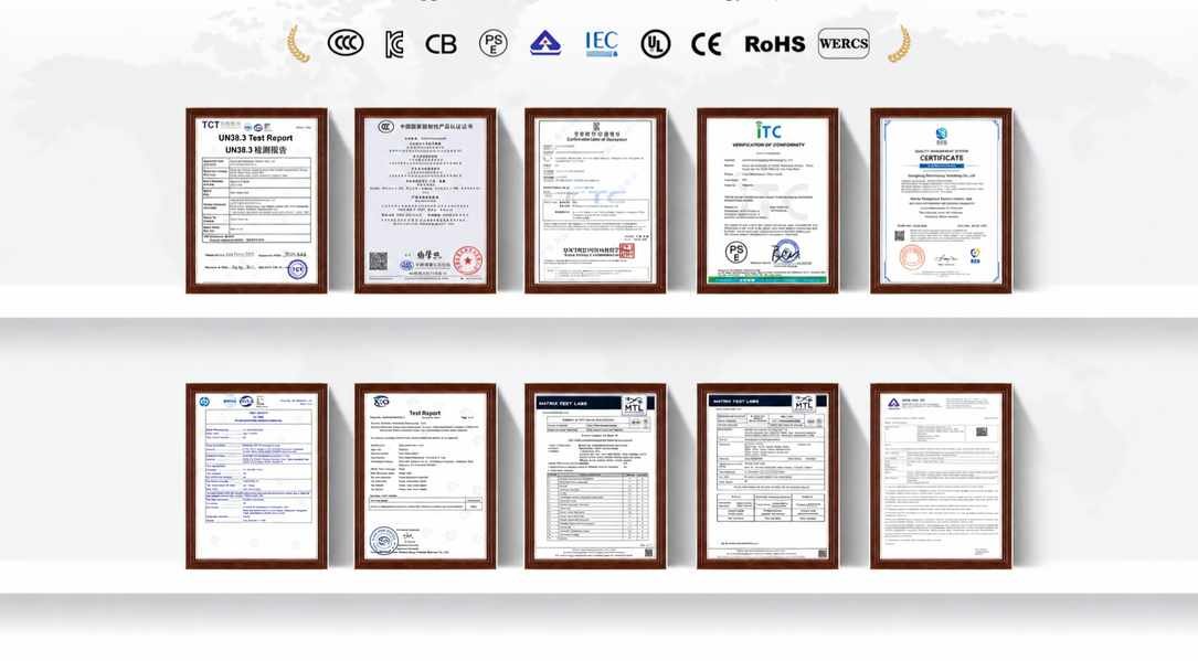 HNF Battery (Dongguan Haonuofei) product certifications including UN38.3, CE, RoHS, UL, CB, IEC, KC, PSE, CCC and SES ISO quality management system certificates